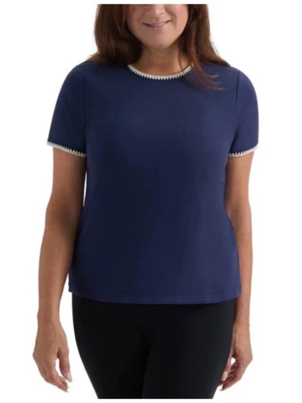Teddi Rose Navy Short Sleeve Knit Top with Contrast Trim-Size Small-NWT